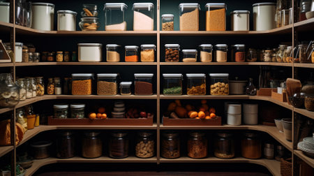Kitchen shelves with glass jars filled with groceries. concept of zero waste home and lifestyleの素材