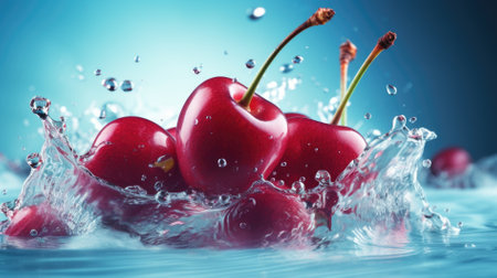 Composition of tasty juicy cherries with splashing water on bright cyan background.の素材