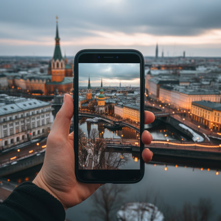 Portrait of hands taking a photo of abstract town.の素材