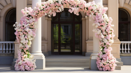 Wedding arch decorated with pink roses and white flowers. Wedding decoration.の素材