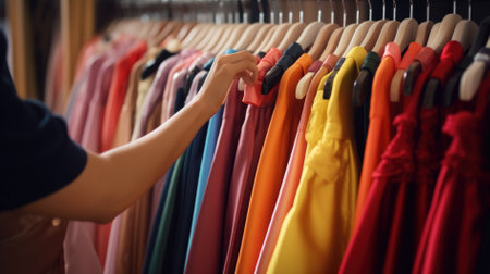 Woman choosing clothes in the shop. Close-up of female hand choosing clothes.の素材