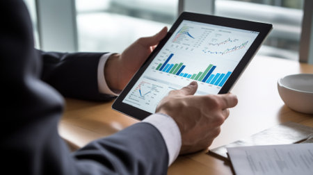 Businessman analyzing investment charts with tablet. Accounting,investment concept.の素材