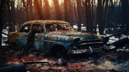 Old abandoned rusty vehicle, crushed car in scrapyard, junk yard.の素材