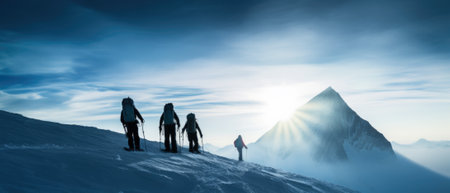 A group of mountaineers climbs to the top of a snow-capped mountain.の素材