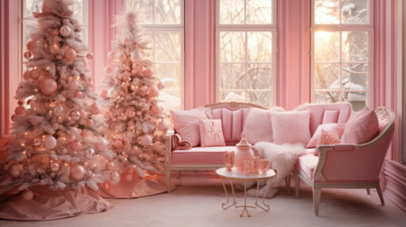 Christmas Room Tree, Xmas Interior Home Decoration in pink color.の素材
