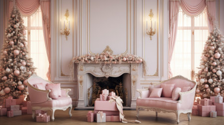 Christmas Room Tree, Xmas Interior Home Decoration in pink color.の素材