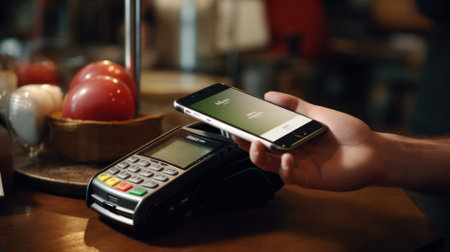 Hand using payment terminal, credit card reader with mobile phone.の素材