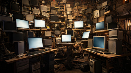 Retro computer monitors various data located on desk in dark room of hacker base.の素材