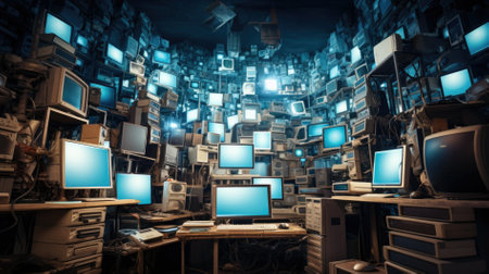 Retro computer monitors various data located on desk in dark room of hacker base.の素材