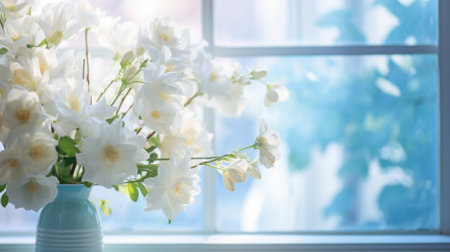 Bouquet of white jasmine flowers in vase on window sillの素材