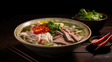 Pho Bo vietnamese soup with beef and noodles on a wooden background, top viewの素材