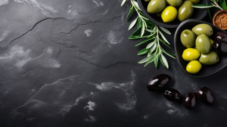 pile of green olives on black board with copy space.の素材