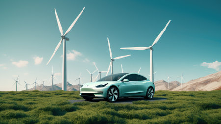 EV charging station for electric car in concept of green sustainable energy produced from renewable resources to supply to charger station in order to reduce CO2 emission .の素材