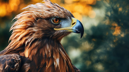 Portrait of a golden eagle on a background of the forest.の素材