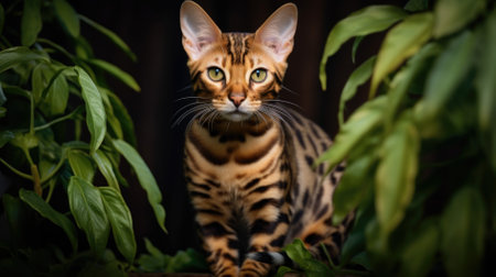 Bengal cat in the garden with green leaves on the backgroundの素材