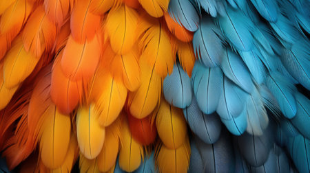 Colorful feathers of a macaw as a background. Close-upの素材