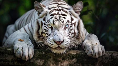 Close up of white tiger with blue eyes and black stripes on the bodyの素材