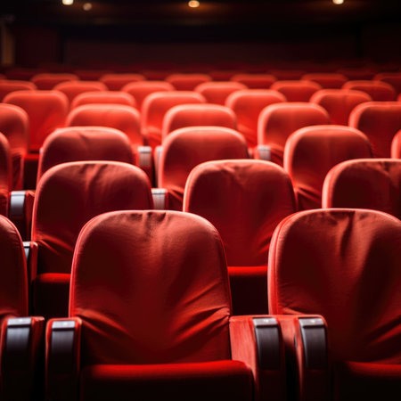 Rows of red seats in a cinema or theater. Cinema backgroundの素材