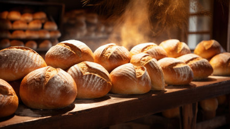 Delicious loaves of bread in a baker shop. Different types of bread loaves on bakery shelves.の素材