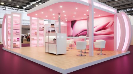 A commercial stand in an exhibition hall or a large professional salon ready to receive brands and advertisements.の素材