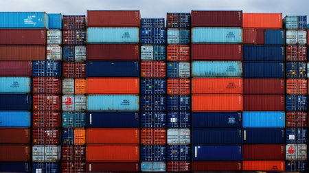 Cargo containers stacked in a large container terminal. Industrial background.の素材