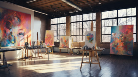 Modern art studio interior with painting on canvas. 3D Renderingの素材