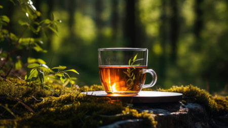 Cup of tea on a wooden table in a green forest.の素材