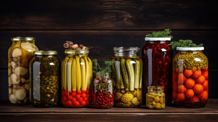 Preserving vegetables for the winter, canned vegetables in jars on a wooden table against a brown wallの素材