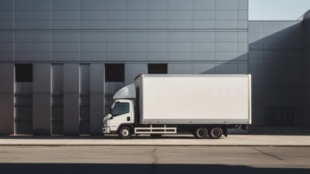 Truck with blank white banner on the background of the building. 3D renderingの素材
