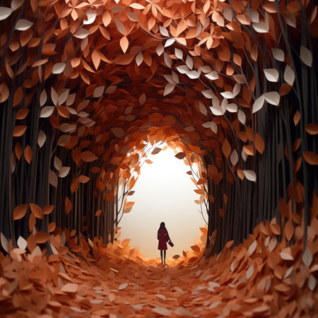 Conceptual image of a young woman walking through a tunnel of autumn leavesの素材