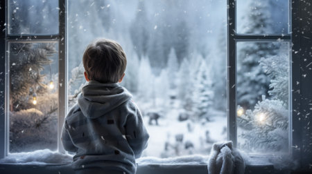 Little boy in winter clothes sitting on the windowsill and looking out the window.の素材