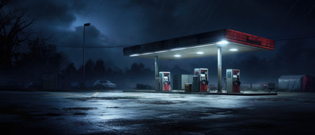 Horizontal shot of a generic unbranded gas station at night.の素材