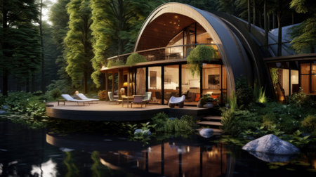 3d rendering of a modern luxury house in the garden at nightの素材