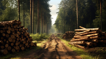 Log stacks along the forest road. Forest pine and spruce trees. Log trunks pile, the logging timber wood industry.の素材