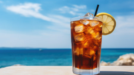 Summer cocktails, sea resort concept. Glass of iced tea. Long island cocktail on tropical beach.の素材