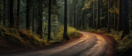 Panoramic view of a dirt road in a dark forest.の素材