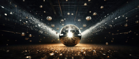 Disco ball scatters blue light in a dark room.の素材