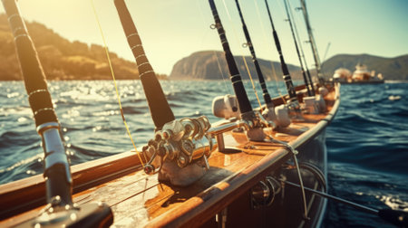 Sailing boat in the sea. Close-up of the bow and sails.の素材