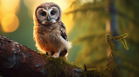 Little owl sitting on a branch in the forest at sunset. Animal portraitの素材