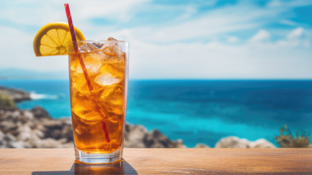 Glass of iced tea with lemon on the beach and sea backgroundの素材