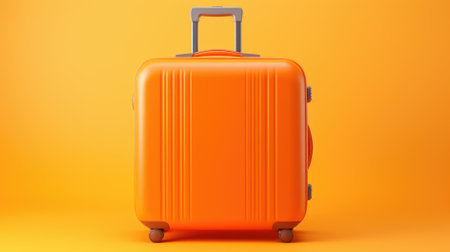 Orange travel suitcase isolated on orange background. 3d rendered illustration.の素材