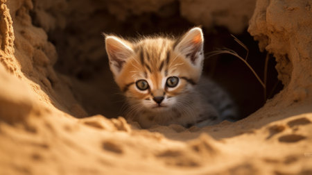 Little kitten looking out of hole in the sand. Focus on eyes.の素材