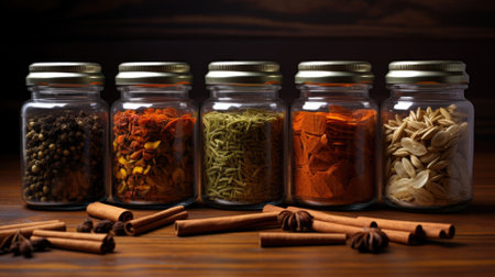 Spices and herbs in glass jars on wooden background. Spices and herbs in jars.の素材