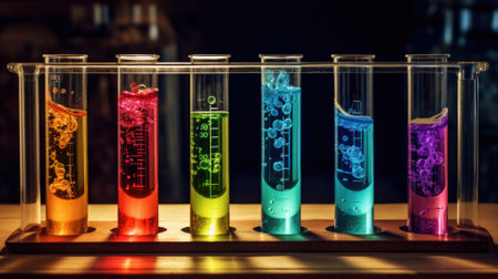 Laboratory glassware with colorful liquid. Science laboratory research and development concept.の素材