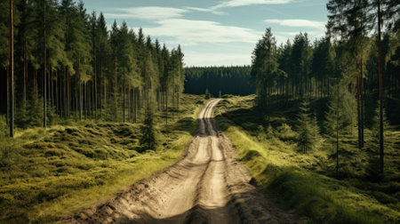 Dirt road in the pine forest. 3d render illustration.の素材