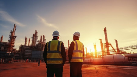 Engineer and Architect working on construction site with sunset background. Engineering concept.の素材