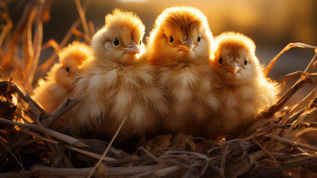 chickens in the nest on a background of the setting sunの素材
