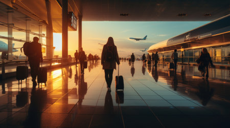 Man with suitcase and hand luggage walking in airport terminal.の素材