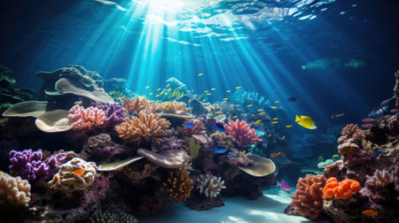 Underwater view of coral reef with fishes and corals and sunlightの素材