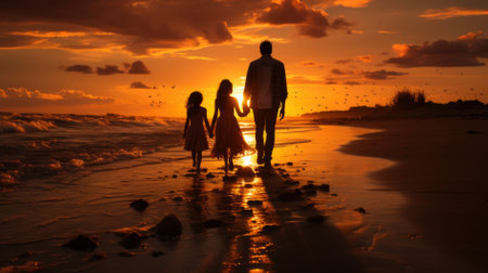 Silhouette of a father and daughter walking on the beach at sunsetの素材